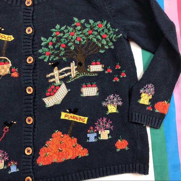 Vintage 90s Embroidered Long Sleeve Cardigan Fall Autumn Pumpkins - Picture 4 of 6
